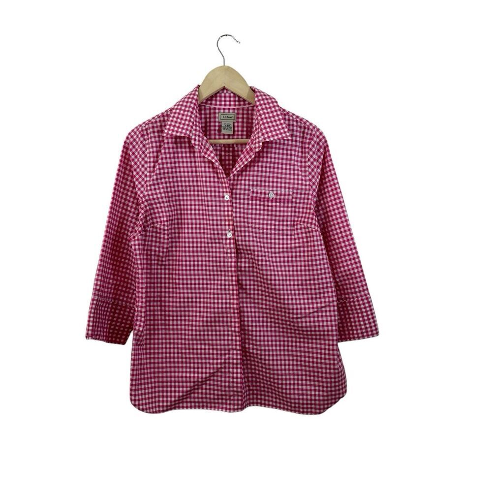 LL Bean Medium Button Front Shirt Gingham Plaid Cotton 3/4 Sleeve Womens